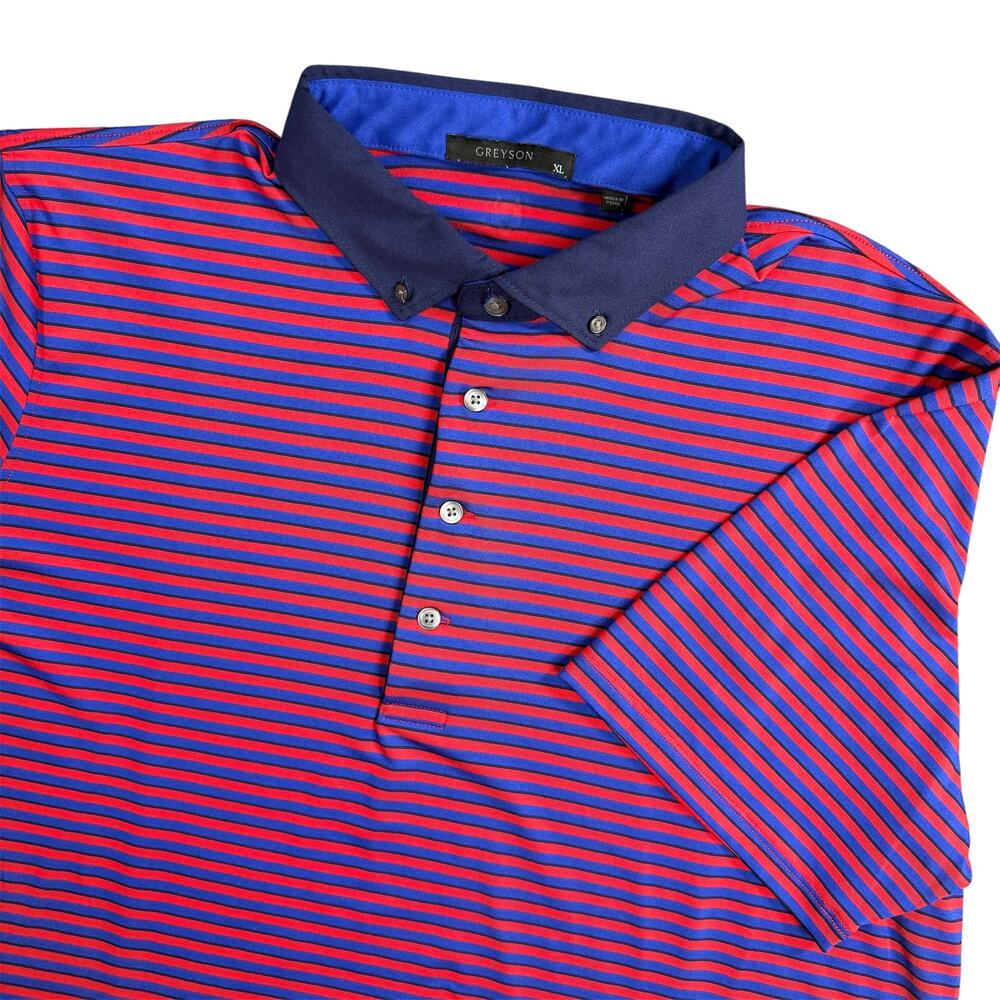 Greyson Men’s XL Red Navy Striped Performance Golf Polo Wisconsin Steel & Tube